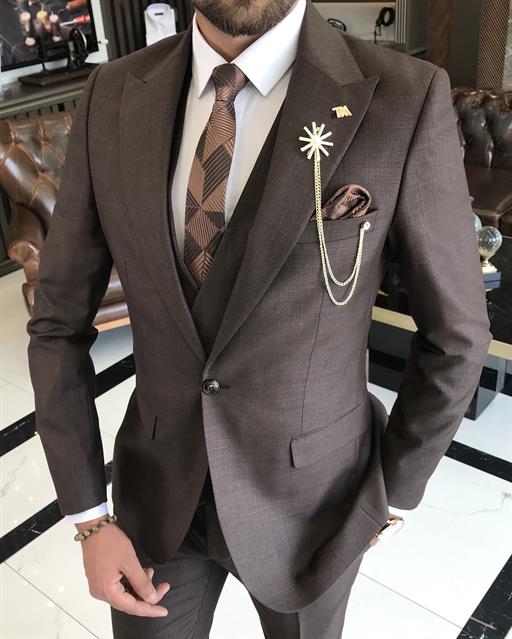 İtalyan stil slim fit ceket yelek pantolon takım elbise kahverengi T9760