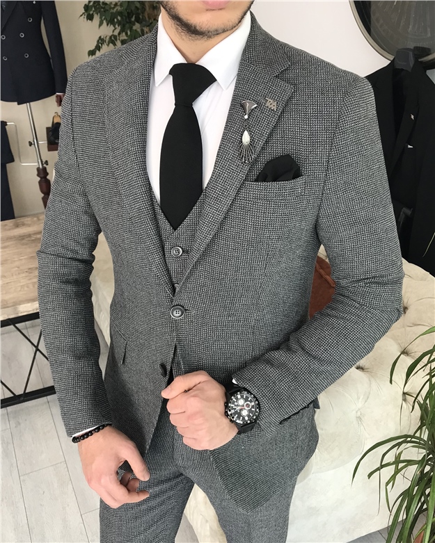 İtalyan stil slim fit ceket yelek pantolon takım elbise Gri T8356