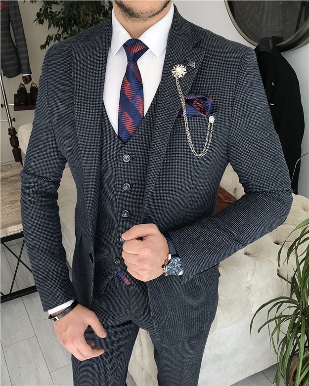 İtalyan stil slim fit ceket yelek pantolon takım elbise Lacivert T8358