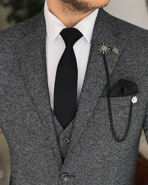 İtalyan stil slim fit ceket yelek pantolon takım elbise Siyah T8354