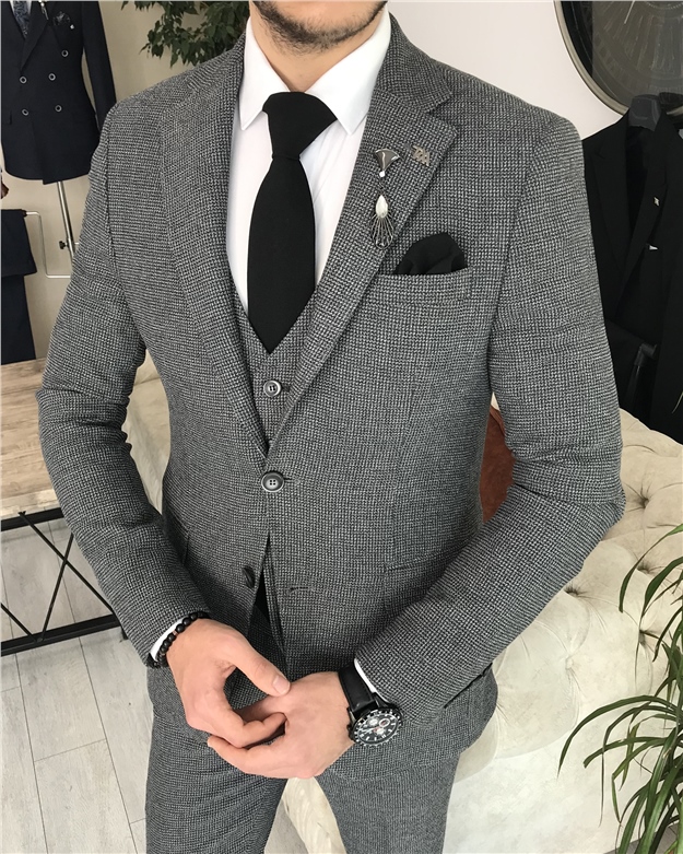 İtalyan stil slim fit ceket yelek pantolon takım elbise Gri T8356
