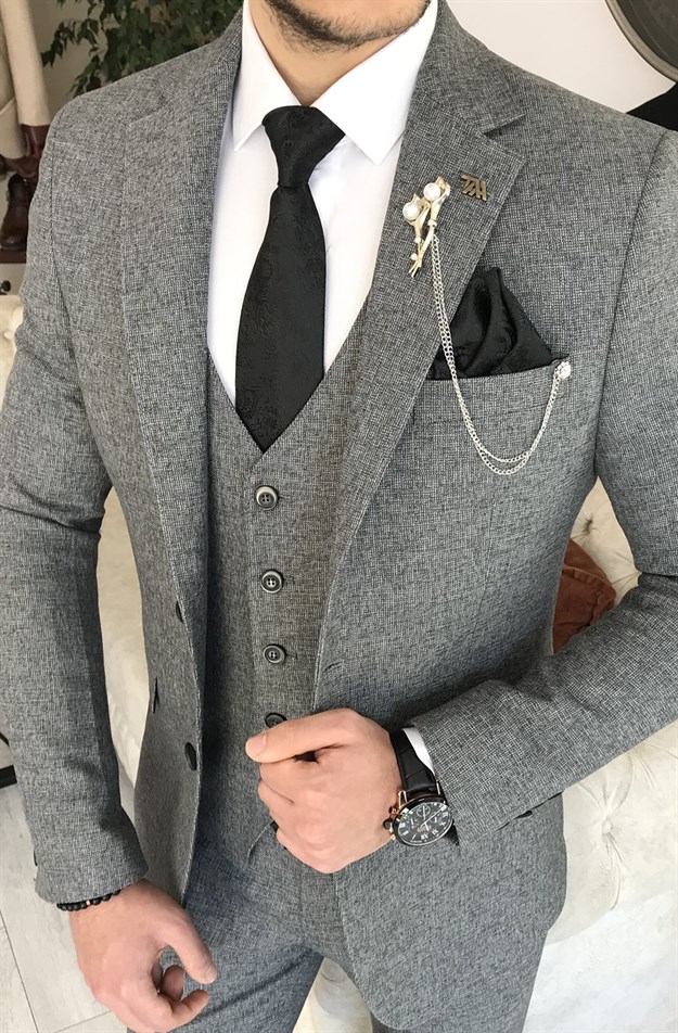 İtalyan stil slim fit ceket yelek pantolon takım elbise Gri T8351