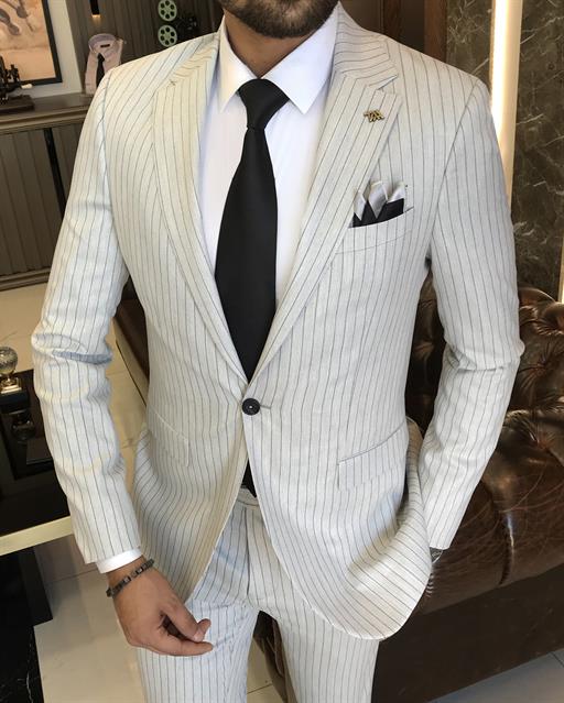 Italian style slim fit striped jacket pant suit gray T9799