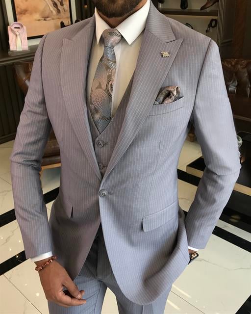 Italian style slim fit striped jacket vest pant suit blue T9750