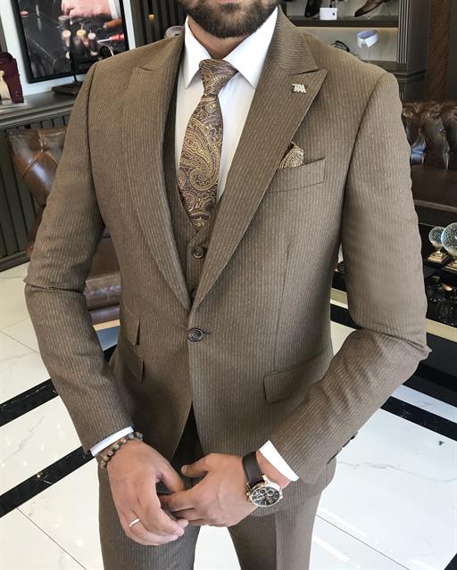 Italian style slim fit striped jacket vest pant suit brown T9676