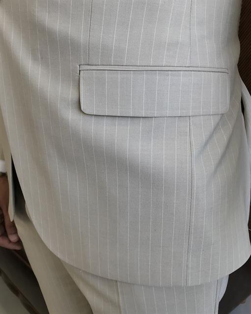  Italian style slim fit striped jacket vest pant suit beige T9752