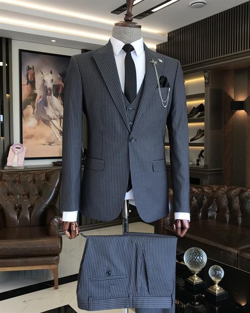 Italian style slim fit striped jacket vest pant suit anthracite T9743
