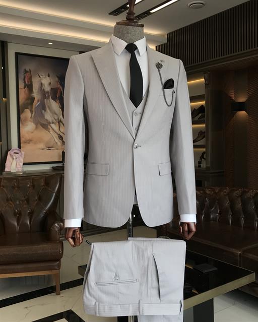 Italian style slim fit striped jacket vest pant suit gray T9751