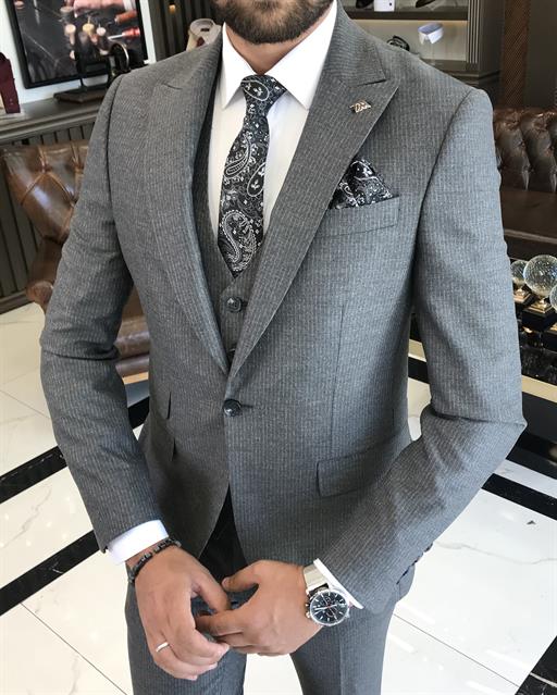 Italian style slim fit striped jacket vest pant suit gray T9677