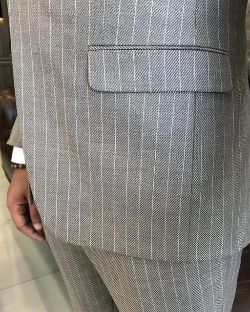 İtalyan stil slim fit çizgili ceket yelek pantolon takım elbise bej T9755