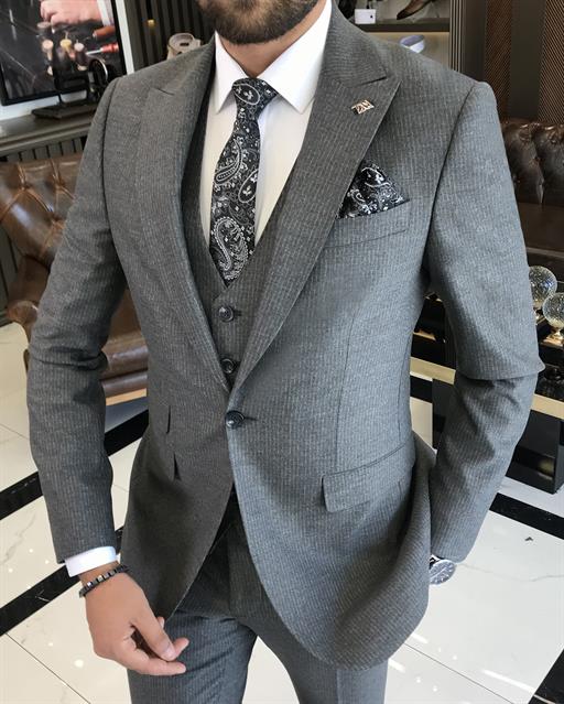 Italian style slim fit striped jacket vest pant suit gray T9677