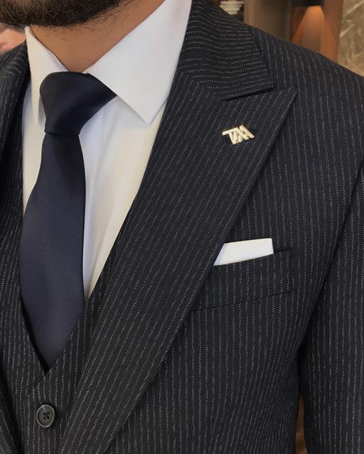 Italian style slim fit striped jacket vest pant suit navy blue T9679