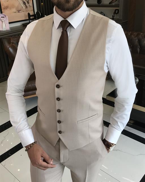 Italian style slim fit striped jacket vest pant suit beige T9748