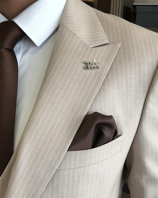 Italian style slim fit striped jacket vest pant suit beige T9748