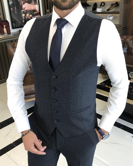 Italian style slim fit striped jacket vest pant suit navy blue T9679