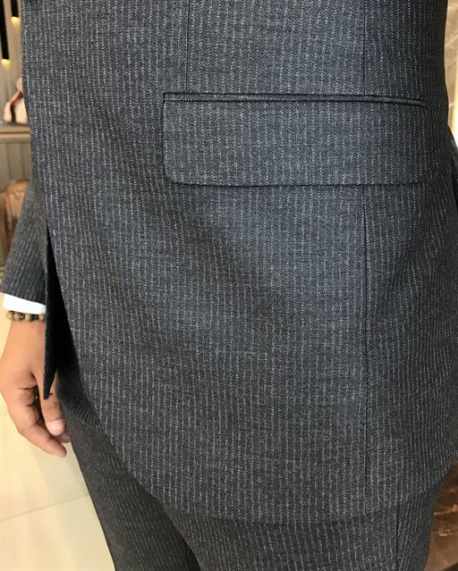 Italian style slim fit striped jacket vest pant suit navy blue T9678