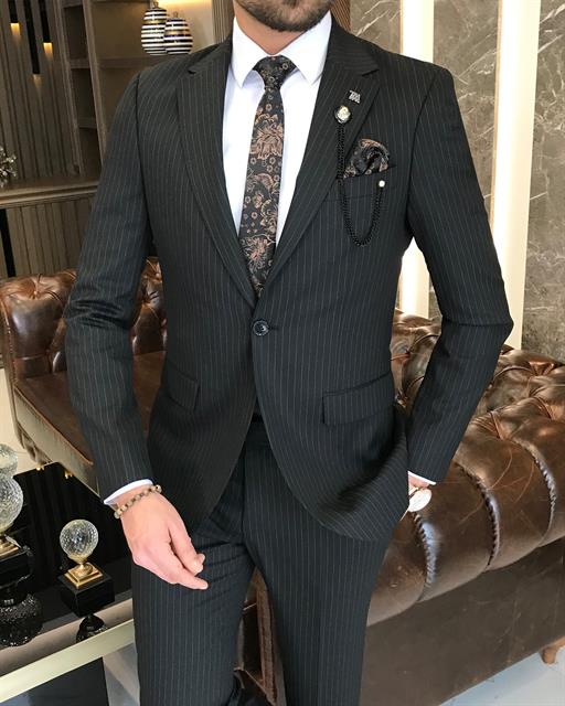 Italian Style Slim Fit Striped Men's Jacket Trousers Suit Black T8679