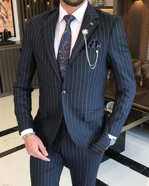 Italian Style Slim Fit Striped Men's Jacket Trousers Suit Navy Blue T8675