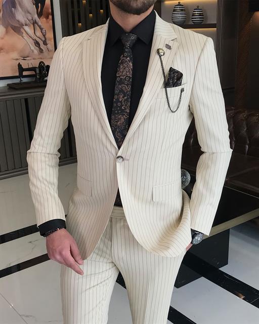 Italian Style Slim Fit Striped Men's Jacket Pants Suit Suit Beige T8670
