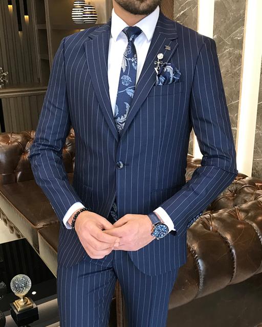 Italian Style Slim Fit Striped Men's Jacket Trousers Suit Navy Blue T8674