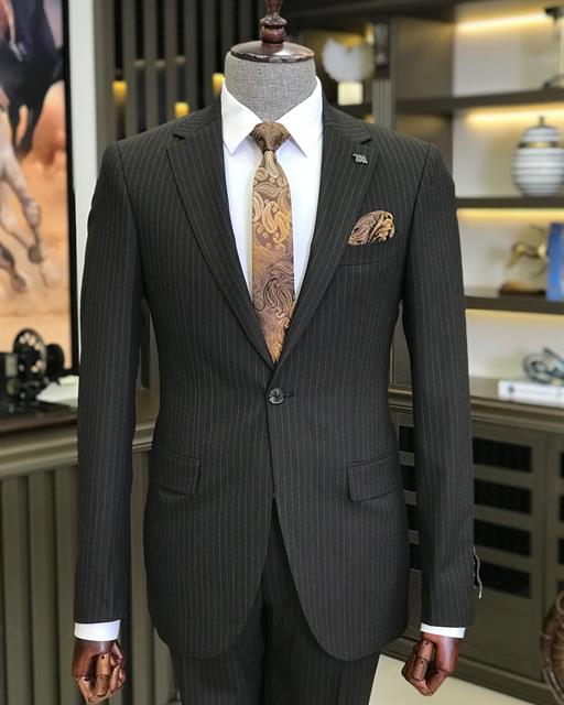 Italian Style Slim Fit Striped Men's Jacket Trousers Suit Brown T8677