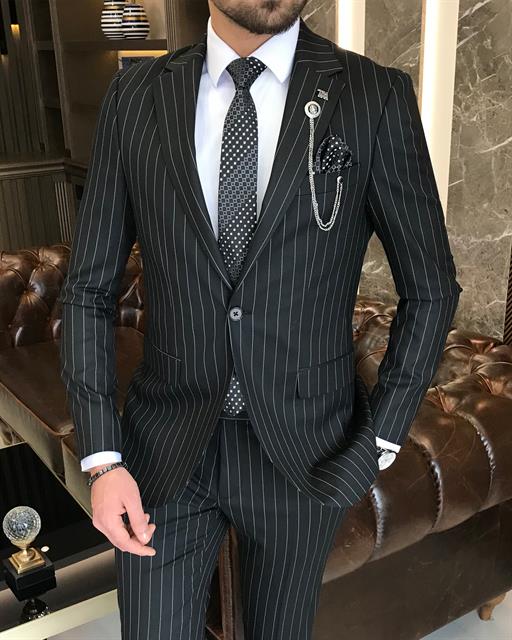 Italian Style Slim Fit Striped Men's Jacket Trousers Suit Black T8676