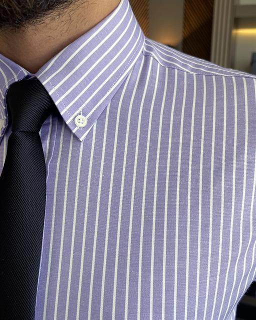 Italian style slim fit striped men's high collar shirt lilac T9253