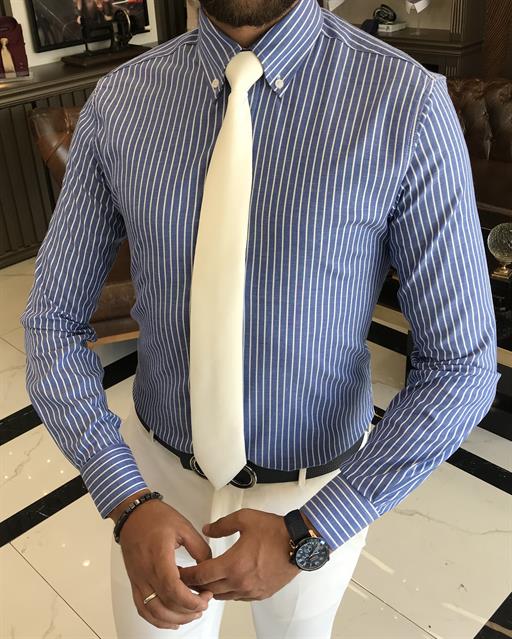 Italian style slim fit striped men's high collar shirt blue T9252