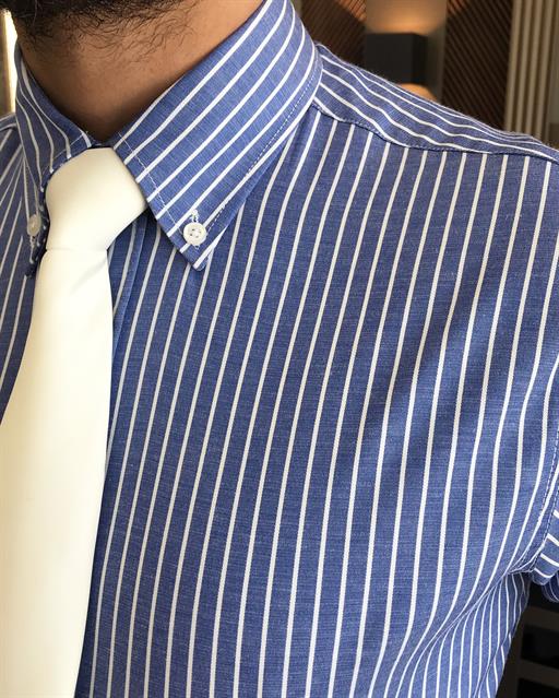 Italian style slim fit striped men's high collar shirt blue T9252