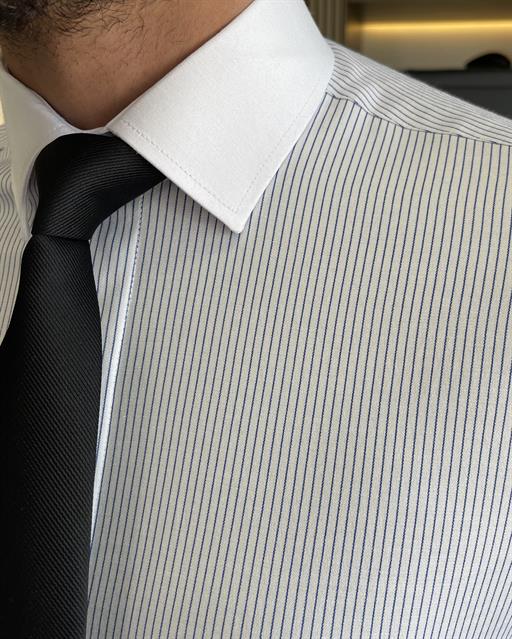 Italian style slim fit satin cotton blend striped men's tie collar shirt white T9237