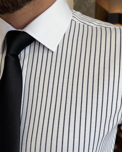 Italian style slim fit satin cotton blend striped men's tie collar shirt white T9226