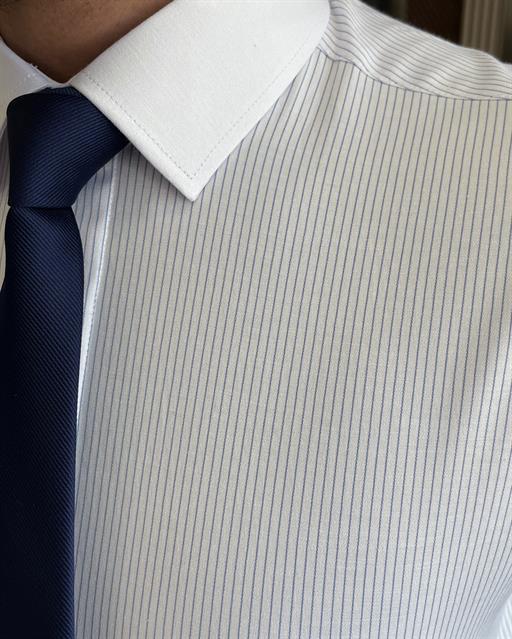 Italian style slim fit striped men's tie collar shirt indigo T9239