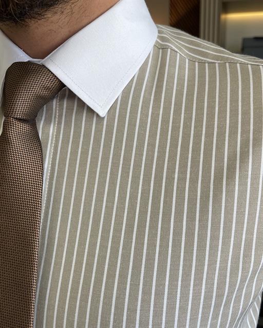 Italian style slim fit satin cotton blend striped men's tie collar shirt blue T9223