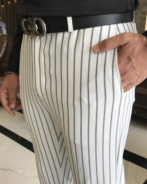 İtalyan stil slim fit çizgili erkek kumaş pantolon beyaz T9724