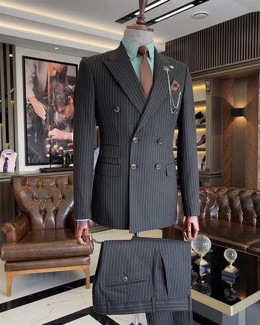 Italian style slim fit striped double-breasted jacket pant suit black T9554