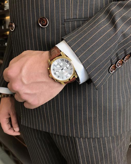 Italian style slim fit striped double-breasted jacket pant suit brown T9553
