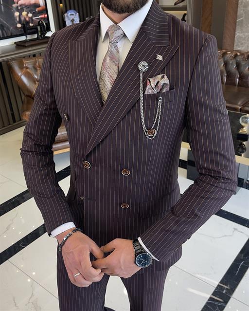 Italian style slim fit striped double-breasted jacket pant suit burgundy T9550