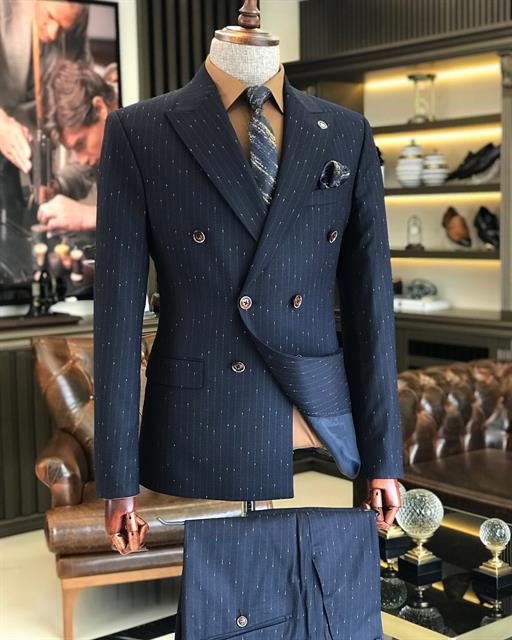 İtalyan stil slim fit çizgili kruvaze ceket pantolon takım elbise lacivert T9501