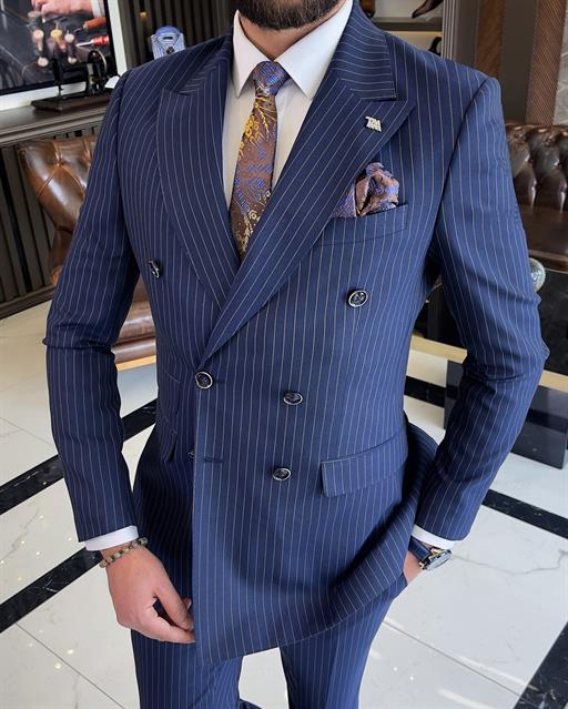 Italian style slim fit striped double-breasted jacket trouser suit navy blue T9551