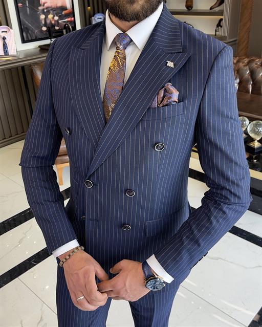 Italian style slim fit striped double-breasted jacket trouser suit navy blue T9551