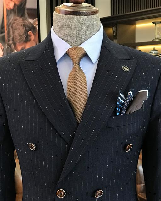 İtalyan stil slim fit çizgili kruvaze ceket pantolon takım elbise lacivert T9501