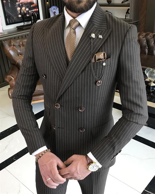 Italian style slim fit striped double-breasted jacket pant suit brown T9553