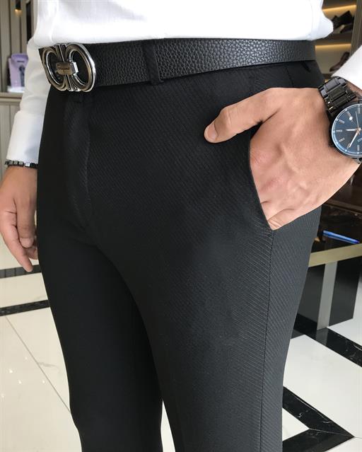 İtalyan stil slim fit desenli erkek kumaş pantolon siyah T9726