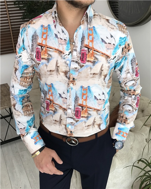 İtalyan stil slim fit dik yaka erkek desenli pamuk gömlek Çok Renkli T7187