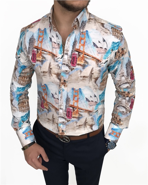 İtalyan stil slim fit dik yaka erkek desenli pamuk gömlek Çok Renkli T7187