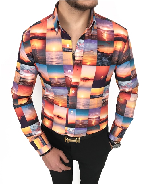 İtalyan stil slim fit dik yaka erkek desenli pamuk gömlek Çok Renkli T7189