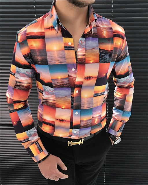 İtalyan stil slim fit dik yaka erkek desenli pamuk gömlek Çok Renkli T7189
