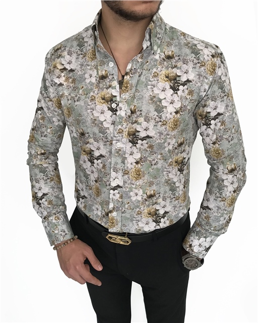 İtalyan stil slim fit dik yaka erkek desenli pamuk gömlek Çok Renkli T7186