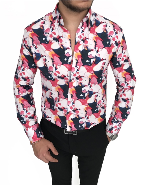İtalyan stil slim fit dik yaka erkek desenli pamuk gömlek Çok Renkli T7188
