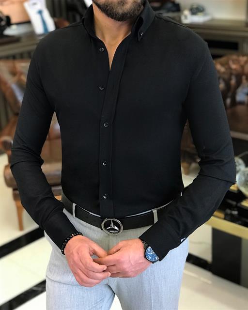 italyan stil slim fit dik yaka erkek gömlek siyah T9328